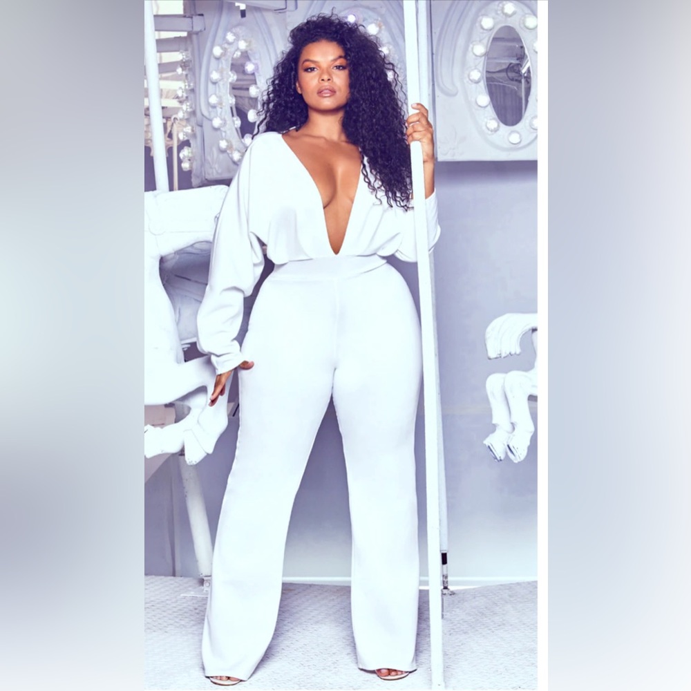 sexy all white jumpsuit low cleavage cut